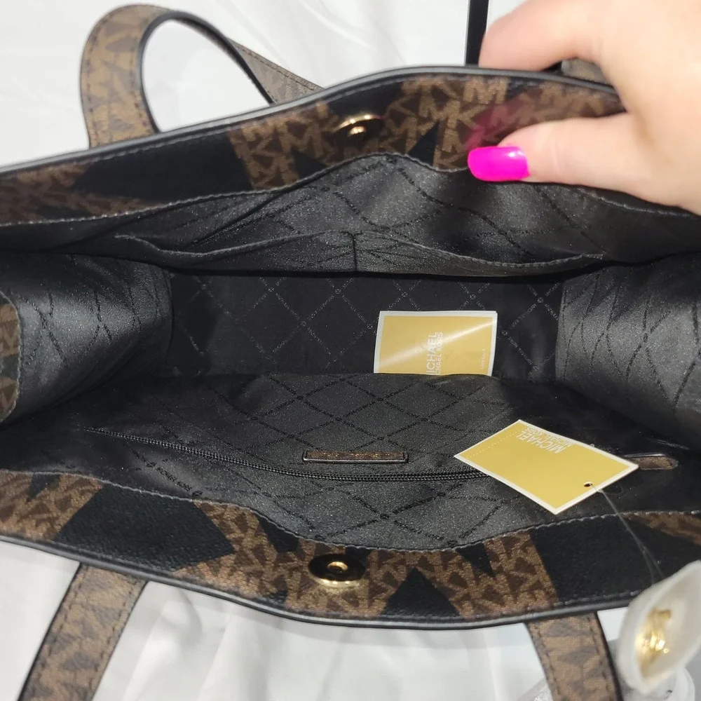 New Michael Kors Kenly Large Tote Black Brown Multi Monogram Canvas